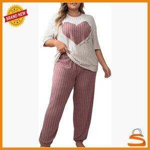 Plus Size Ribbed Pajama Set Half Sleeve Top Joggers Lounge Sleepwear